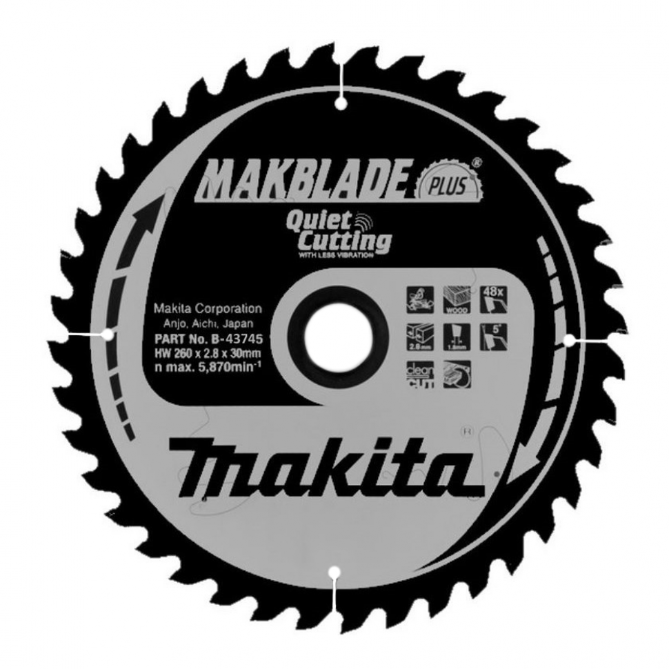 Пильный диск для дерева MAKBLADE PLUS, 260x30x1.8x48T B-43745