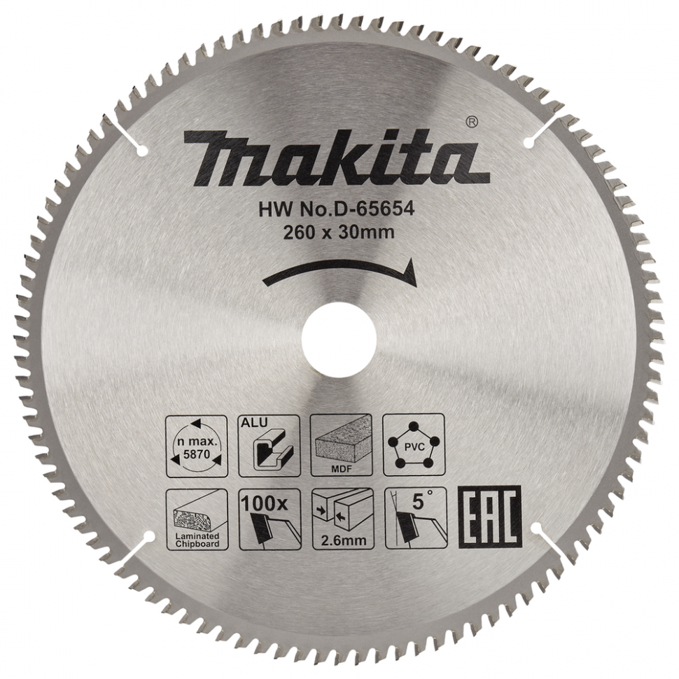 Пильный диск универсальный для алюминия/дерева/пластика, 260x30x100T  Makita D-65654